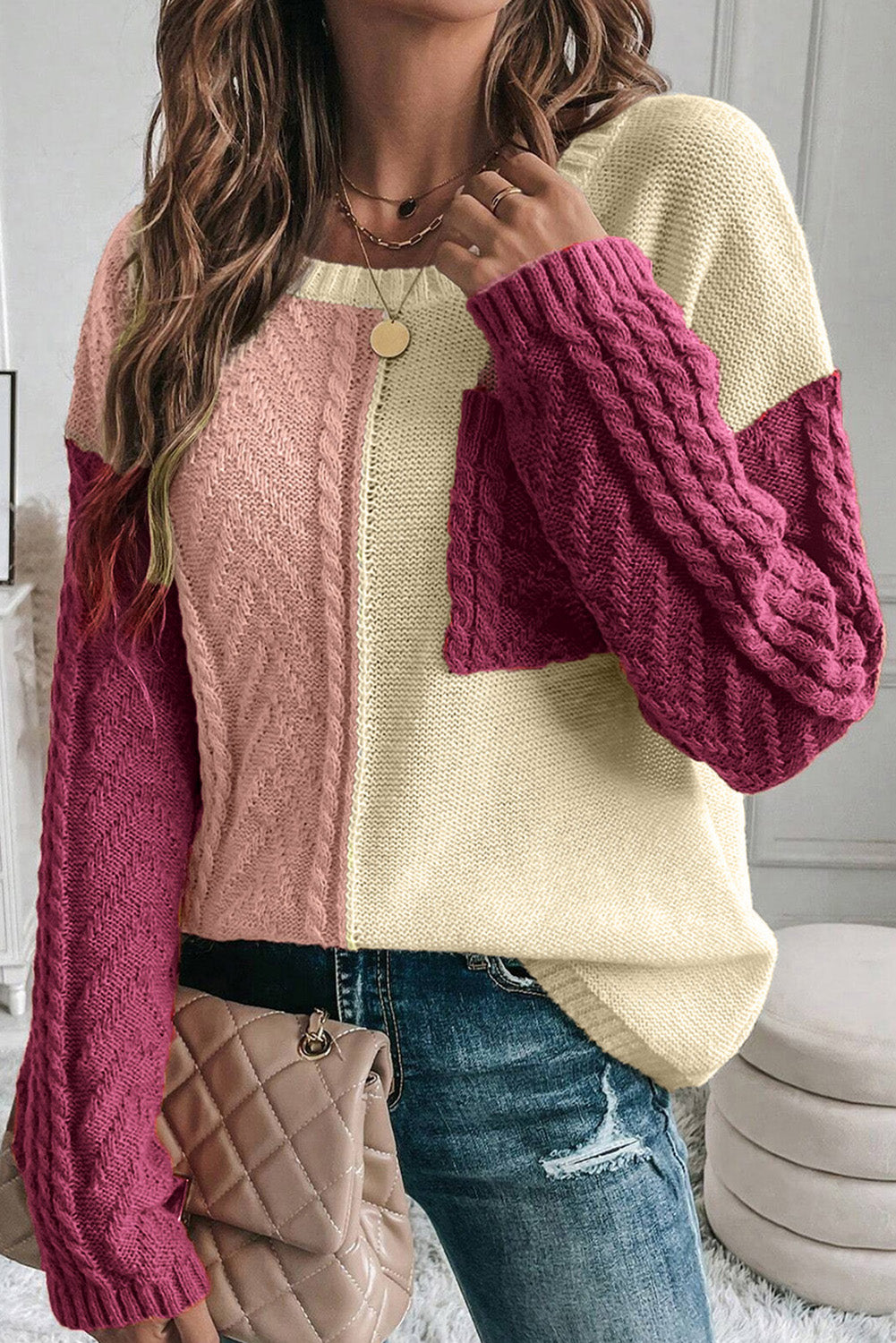 Roséfarbener Colorblock-Pullover Mit Tiefen Schultern Für Frauen