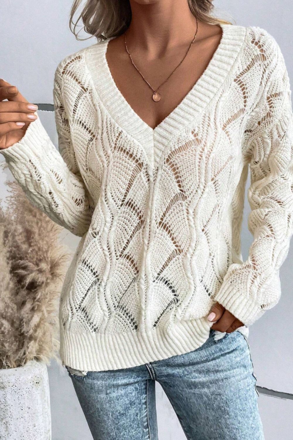 V-Ausschnitt-Strickpullover Mit Lochmuster Für Frauen