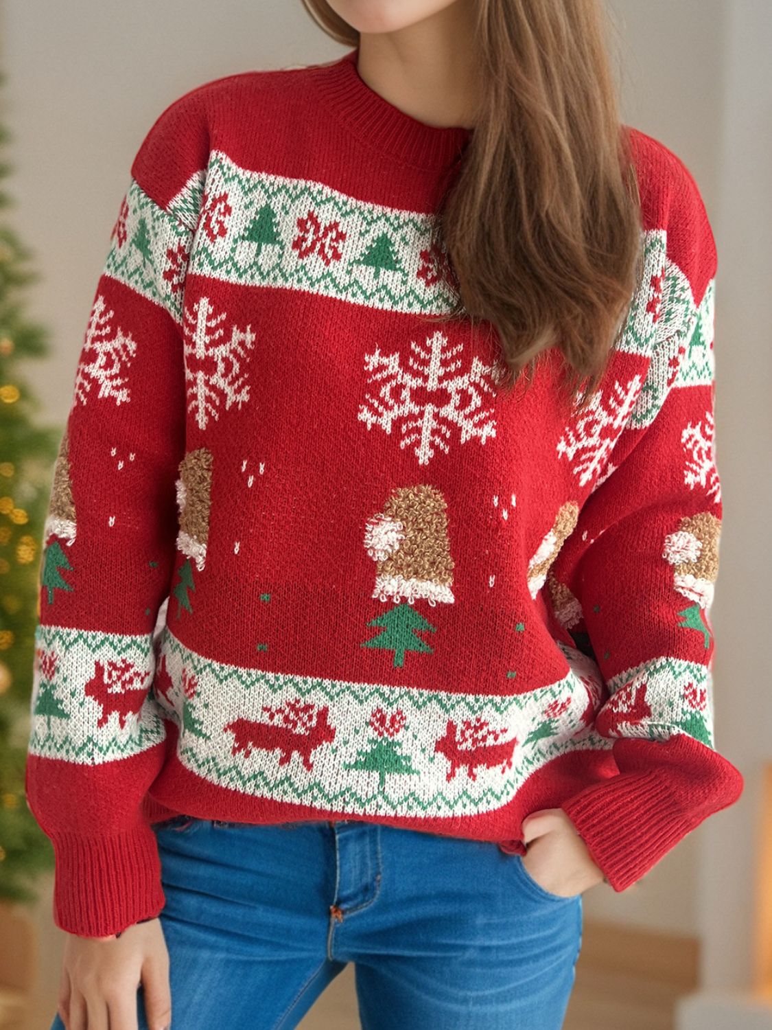 Festlicher Roter Strickpullover Mit Weihnachtselementen Für Frauen