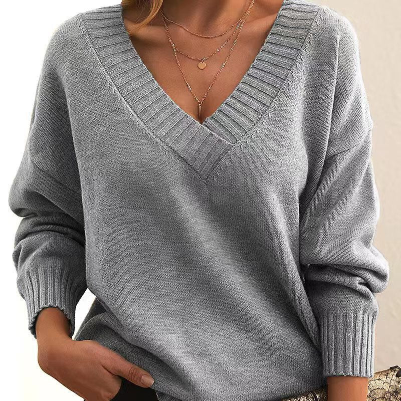 Varvara | Women Loose V-Neck Pullover Langarm Winterkleidung