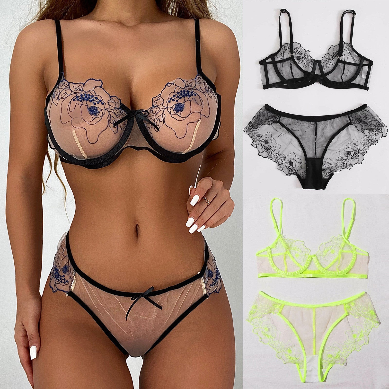 Stuttgart | Women's Mesh Stickerei Sheer Dessous Set