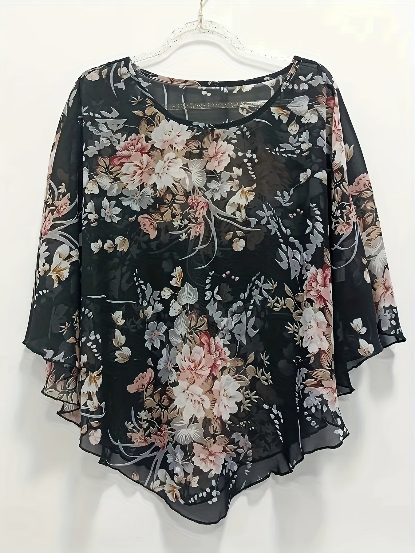 Schwarze Bluse mit Blumenprint und asymmetrischem Design - Noor