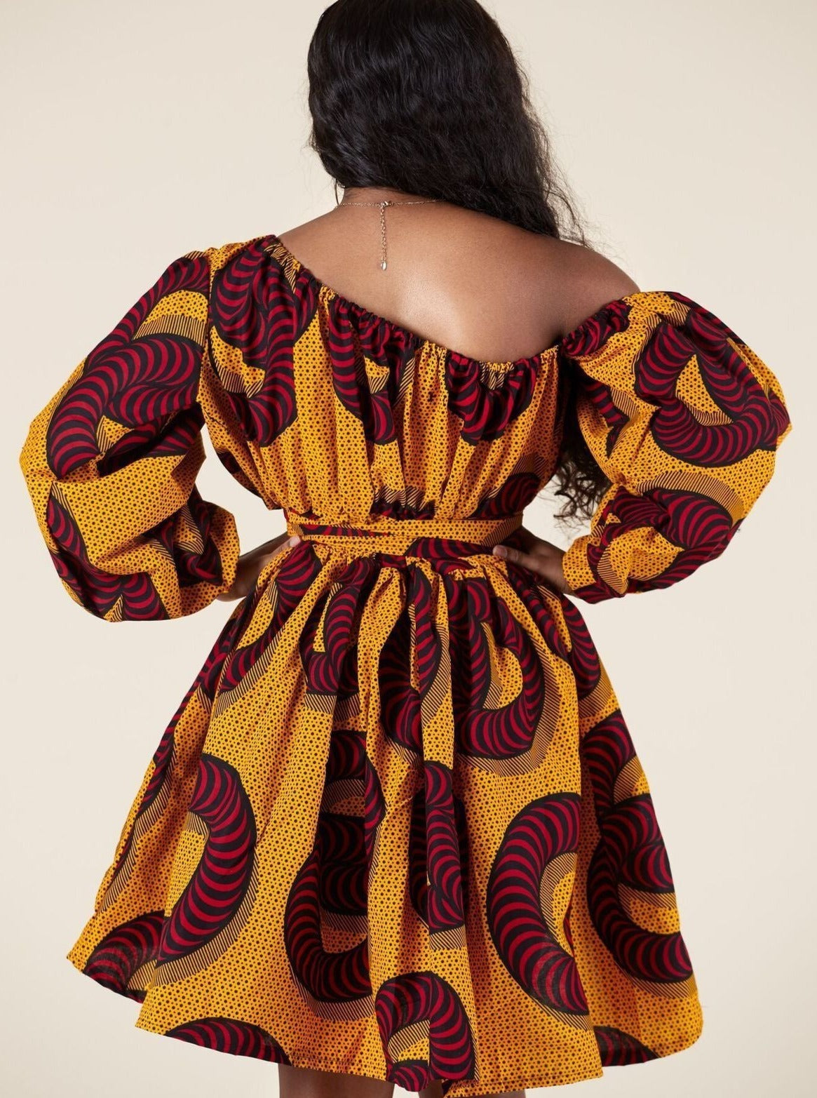 Off Shoulder Long Sleeve Abstract Printed Flared Dress