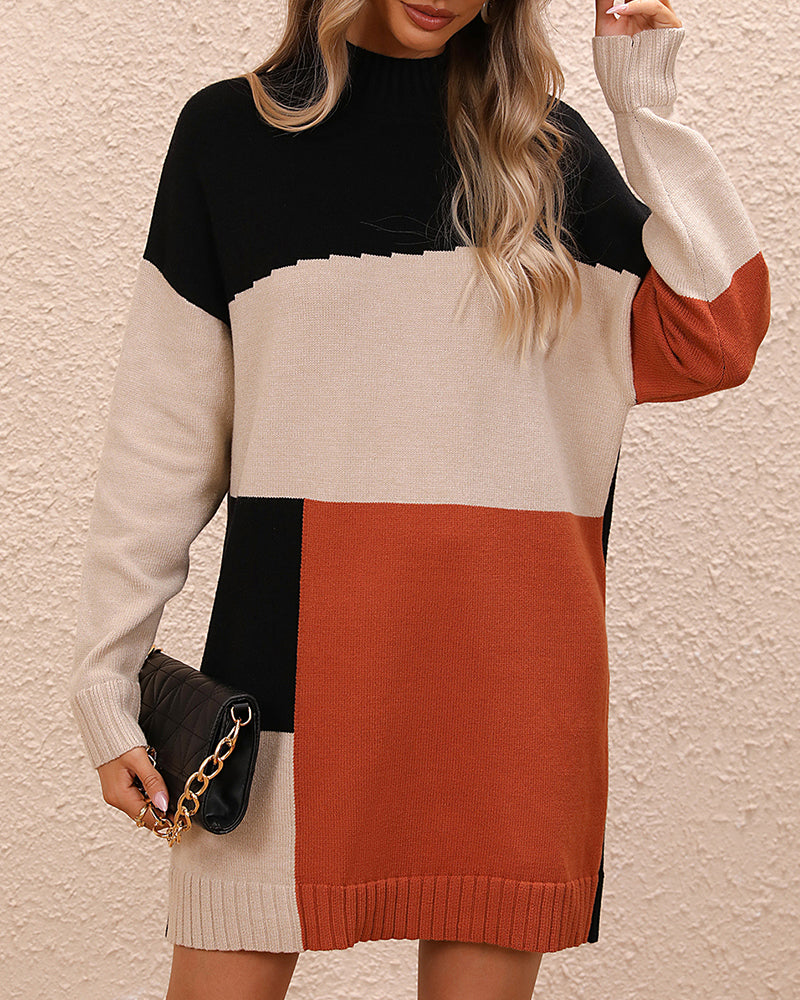 Trendiger Langer Color Block Winterpullover Für Frauen