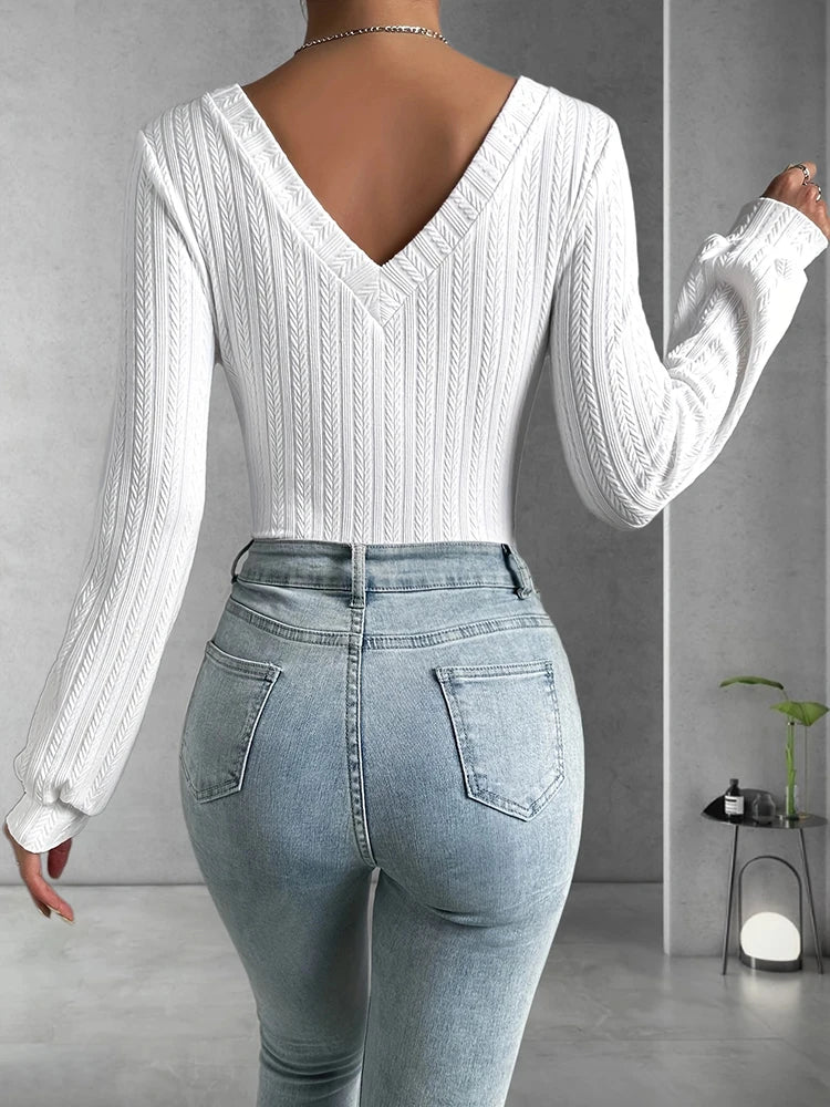 Stilvoller und Schicker Frühlings weiß Slim-Fit Body mit Langen Ärmeln für Damen