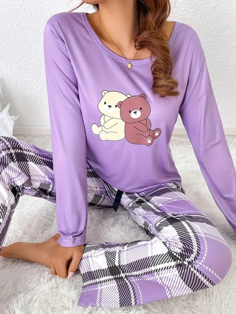 Gemütliches Pyjama-Set mit Cartoon-Bärenprint Für Frauen