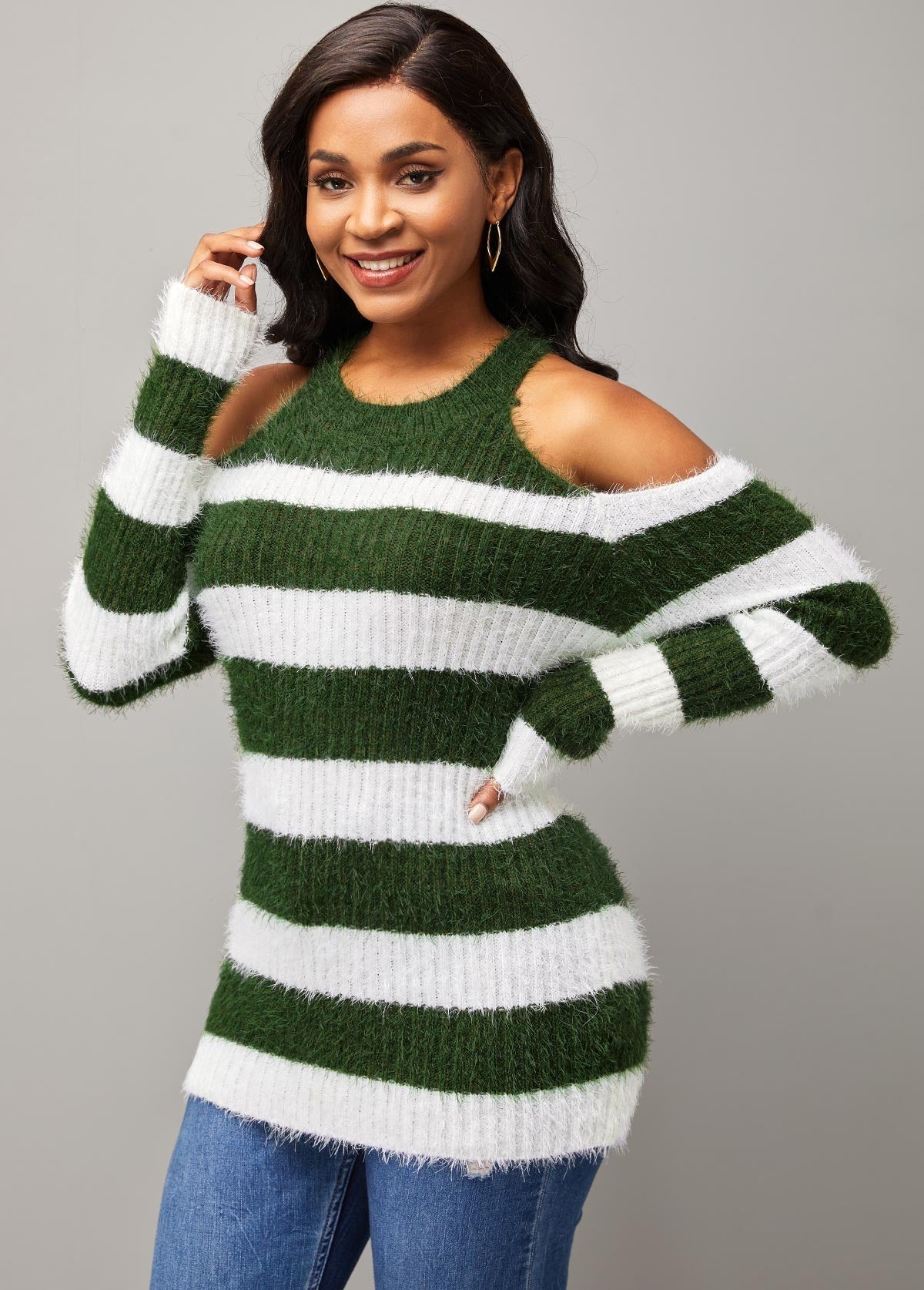 Gestreifter Cold-Shoulder-Pullover Mit Rundhalsausschnitt Für Frauen