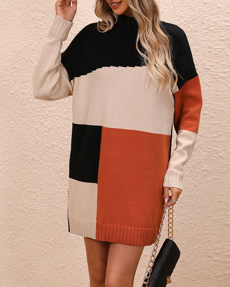 Trendiger Langer Color Block Winterpullover Für Frauen