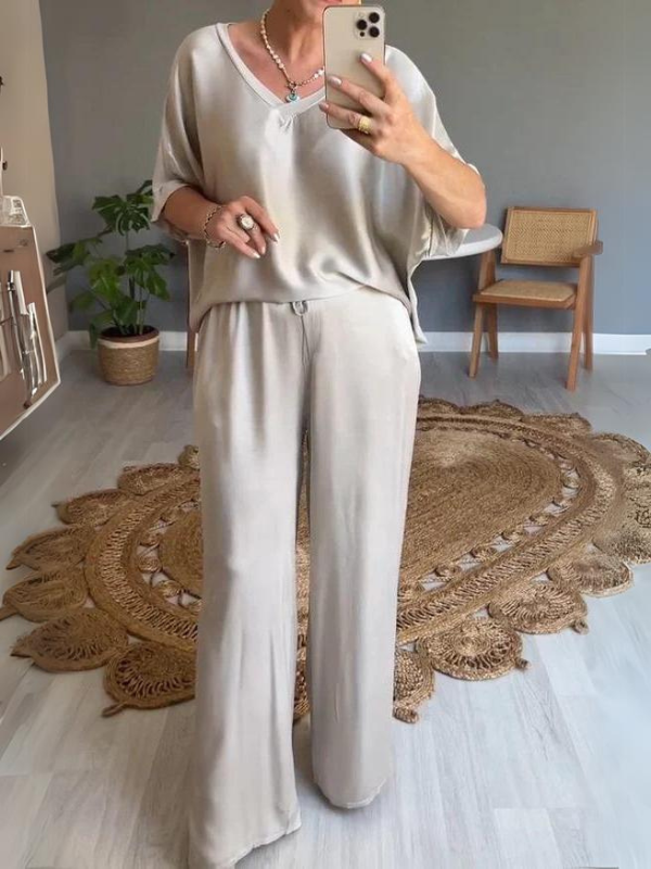 Elena - Apricot Satin V-neck Suit