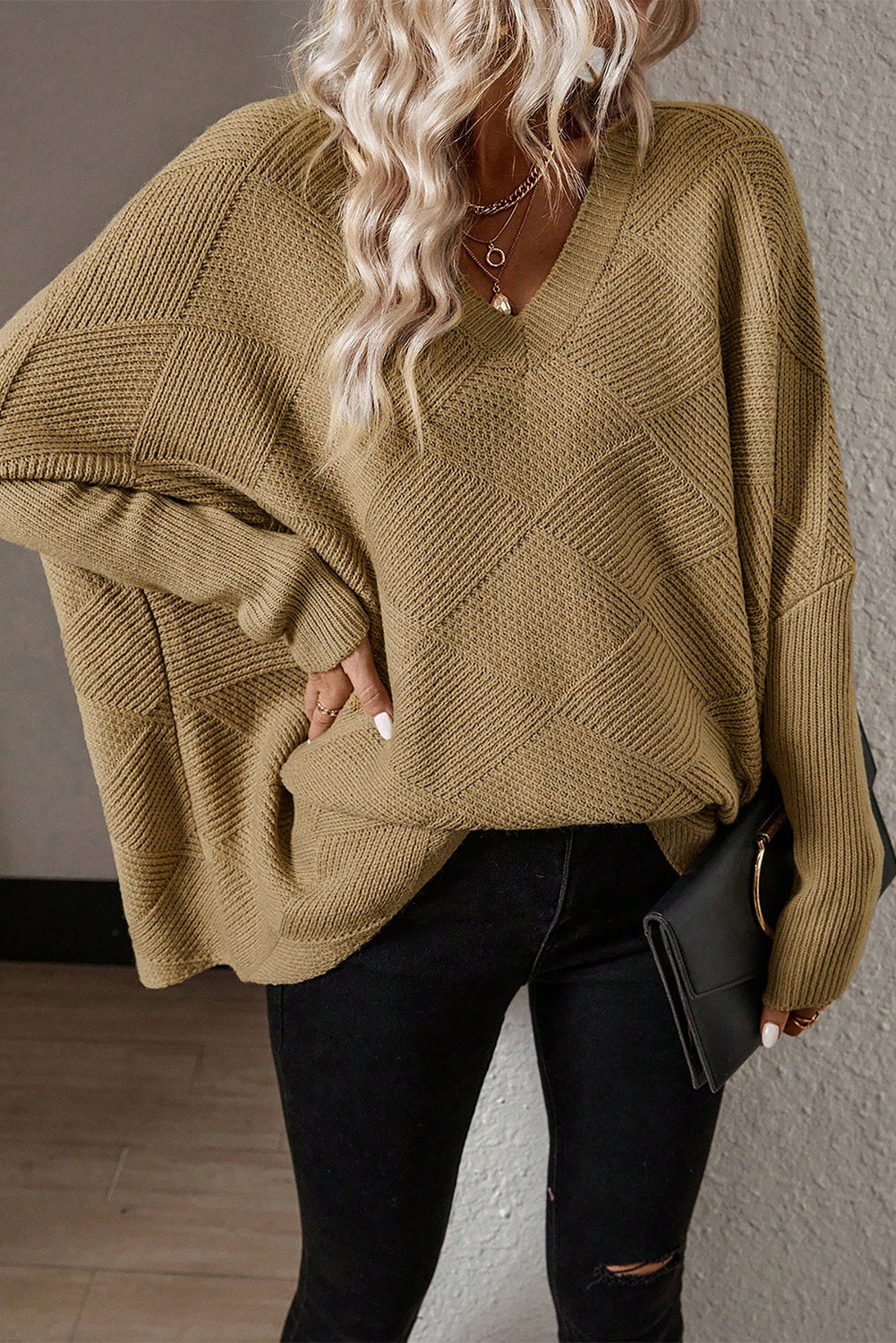 Kamelkarierter Pullover Mit Batwing-Ärmeln Für Frauen