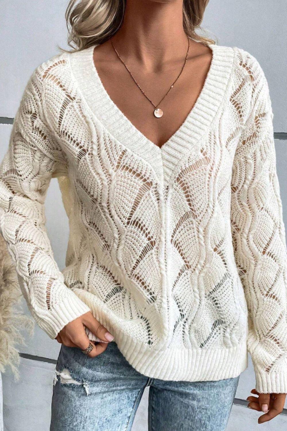 V-Ausschnitt-Strickpullover Mit Lochmuster Für Frauen