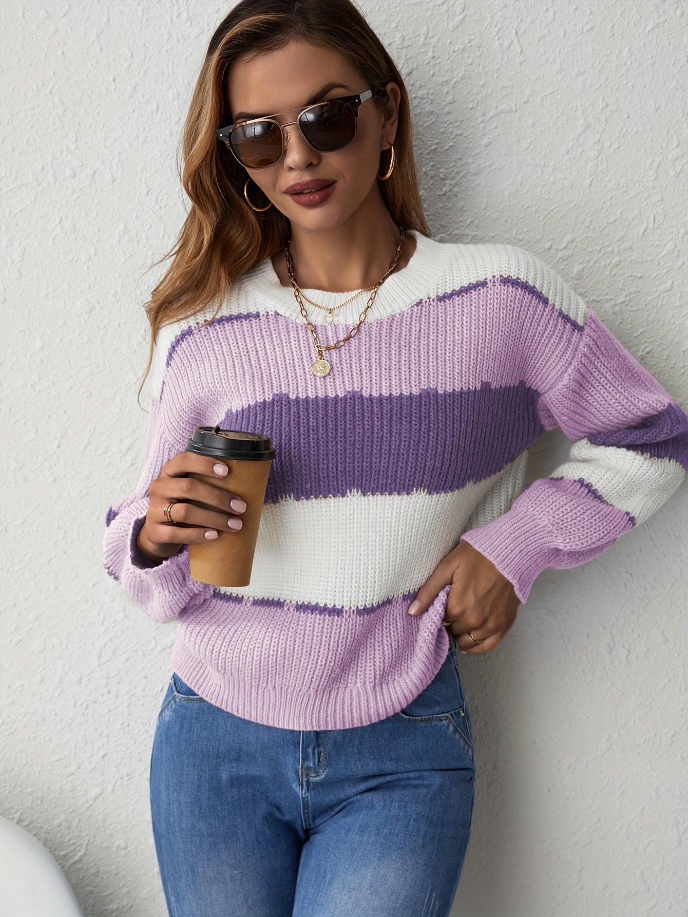 Lässiger Strickpullover mit Streifen Für Frauen