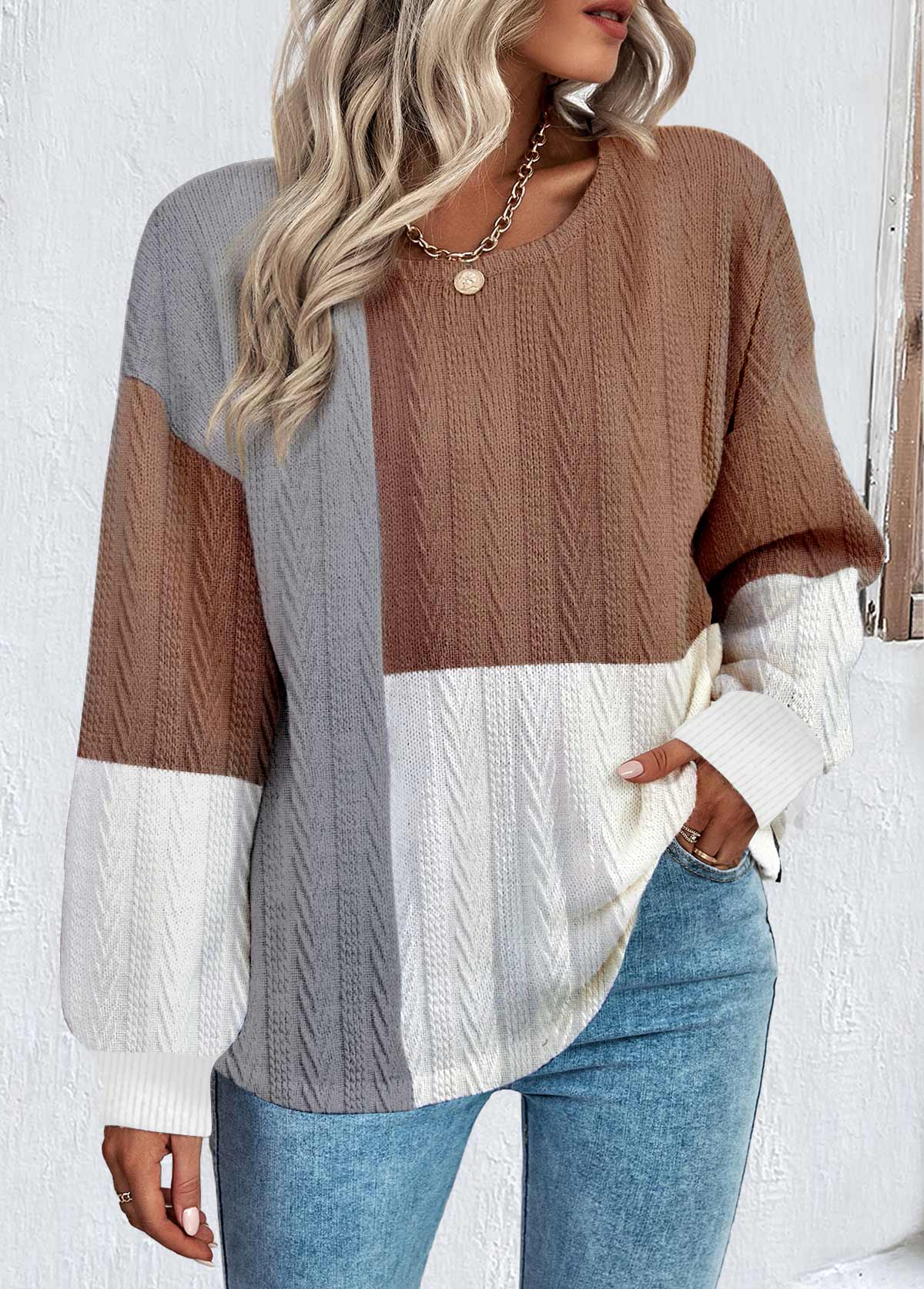 Modisches Patchwork Sweatshirt In Dunkelkaffee Für Frauen