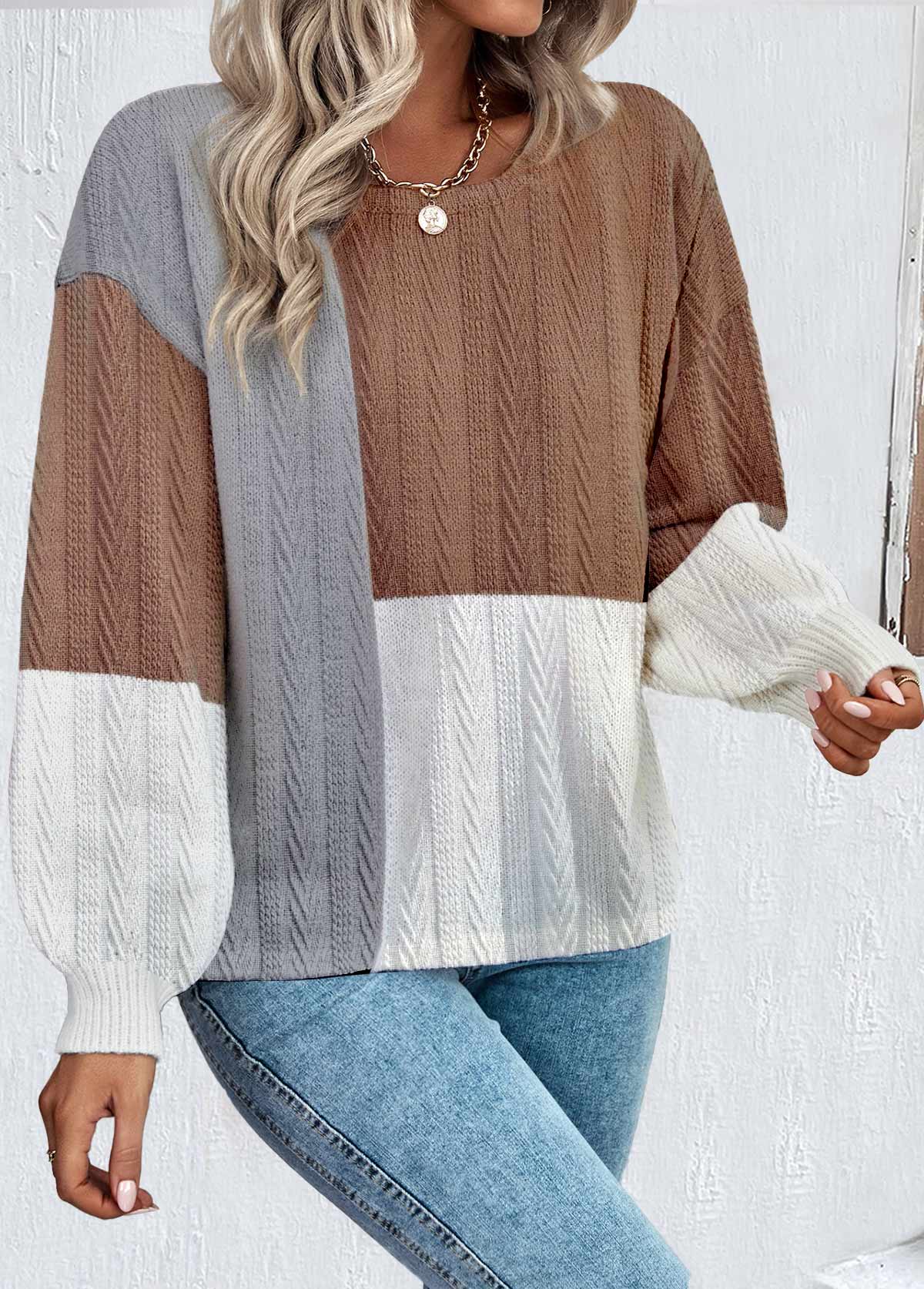 Modisches Patchwork Sweatshirt In Dunkelkaffee Für Frauen