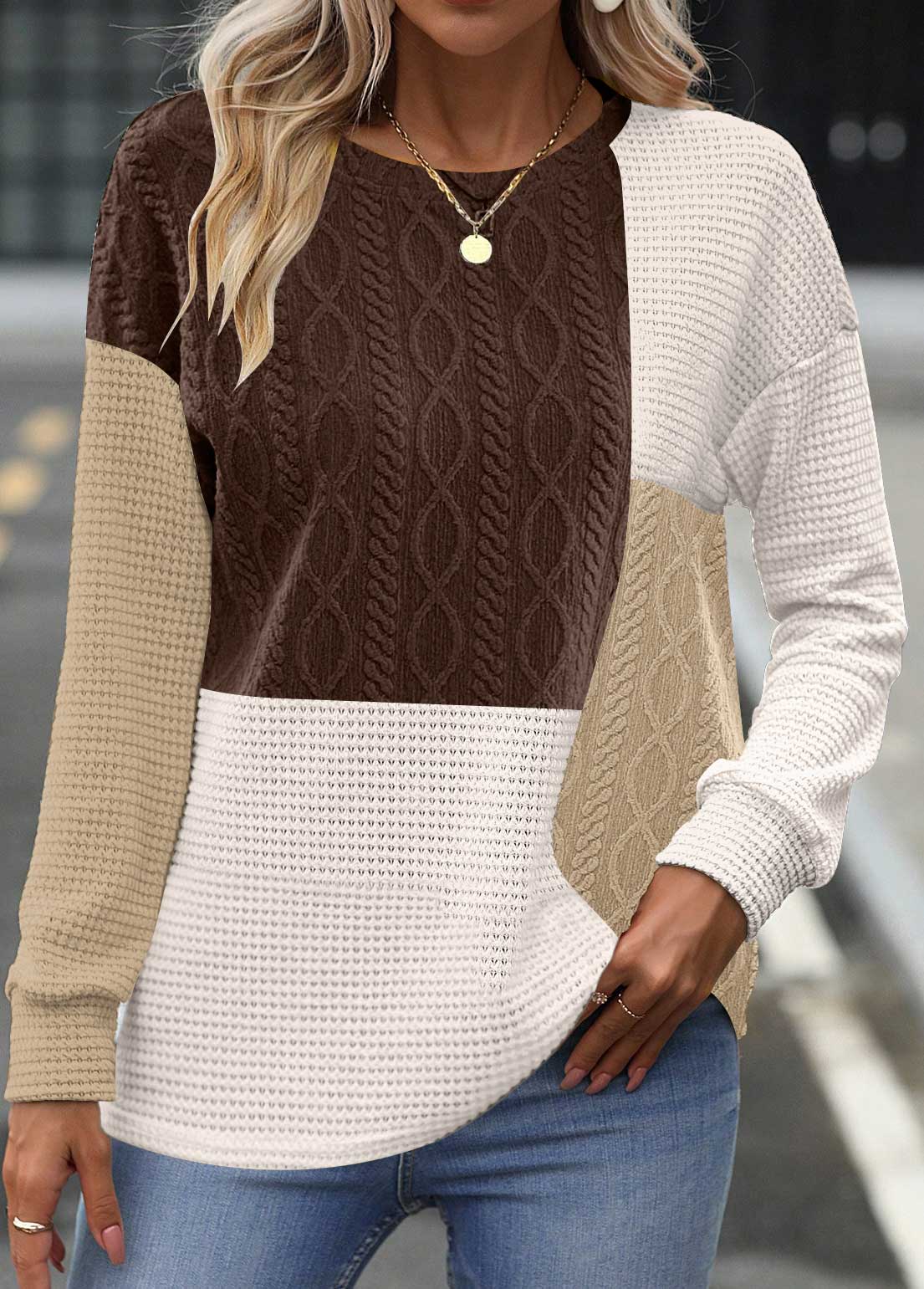 Stilvolles Rundhals-Sweatshirt Mit Langem Patchwork-Ärmel Für Frauen