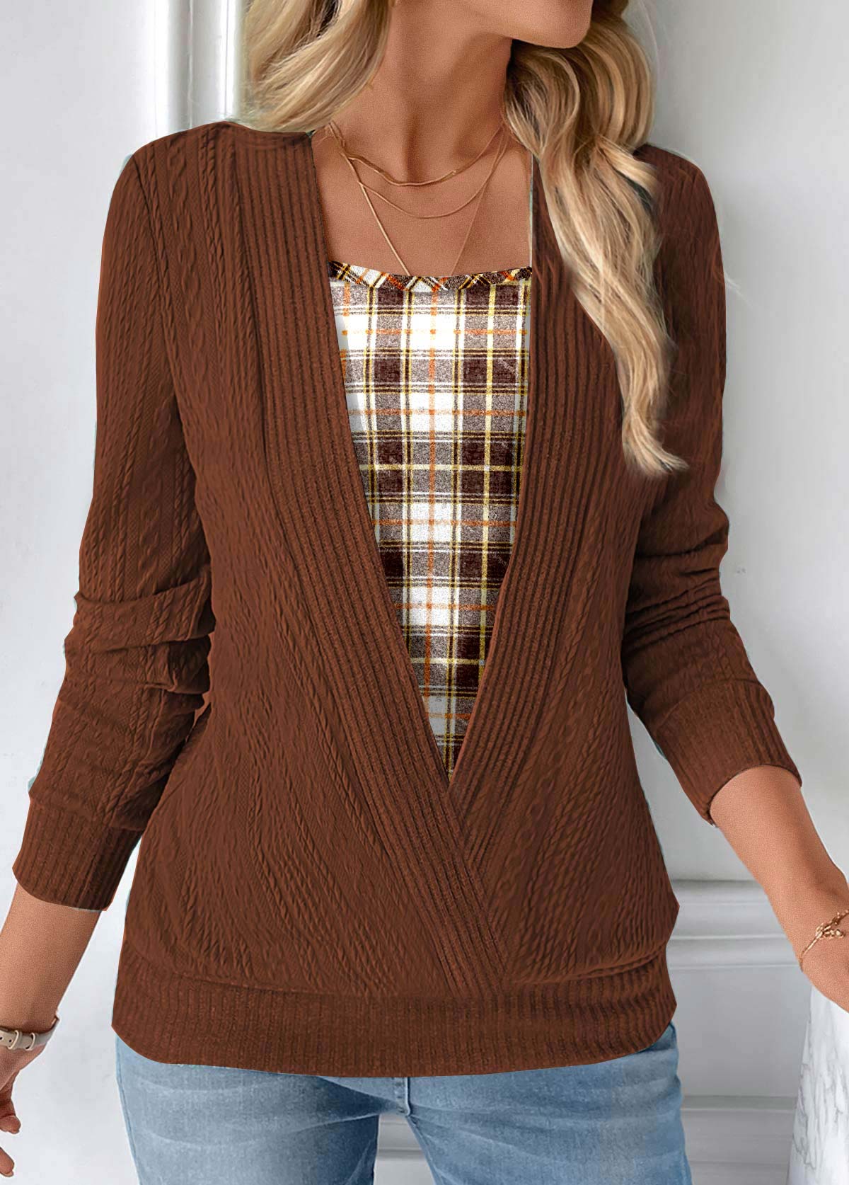 Dunkel Kamelfarbenes Plaid-Kuschelsweatshirt Für Frauen