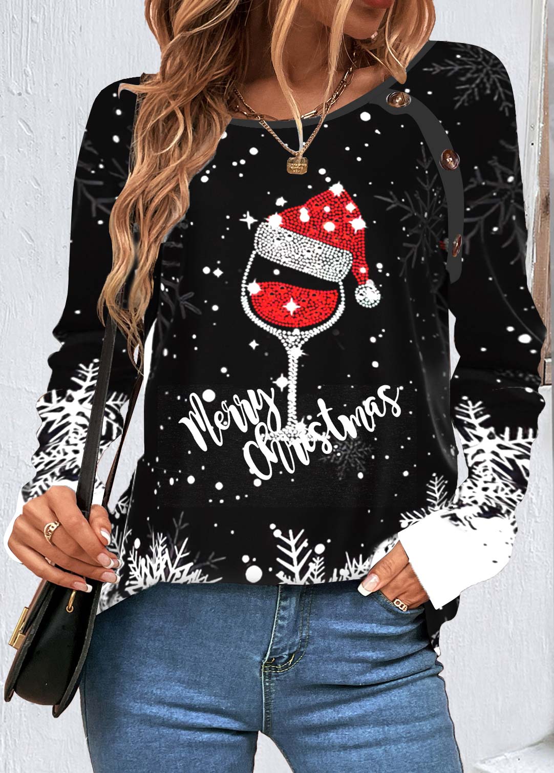 Schwarzes Festliches Sweatshirt Mit Weihnachtsmuster Für Frauen