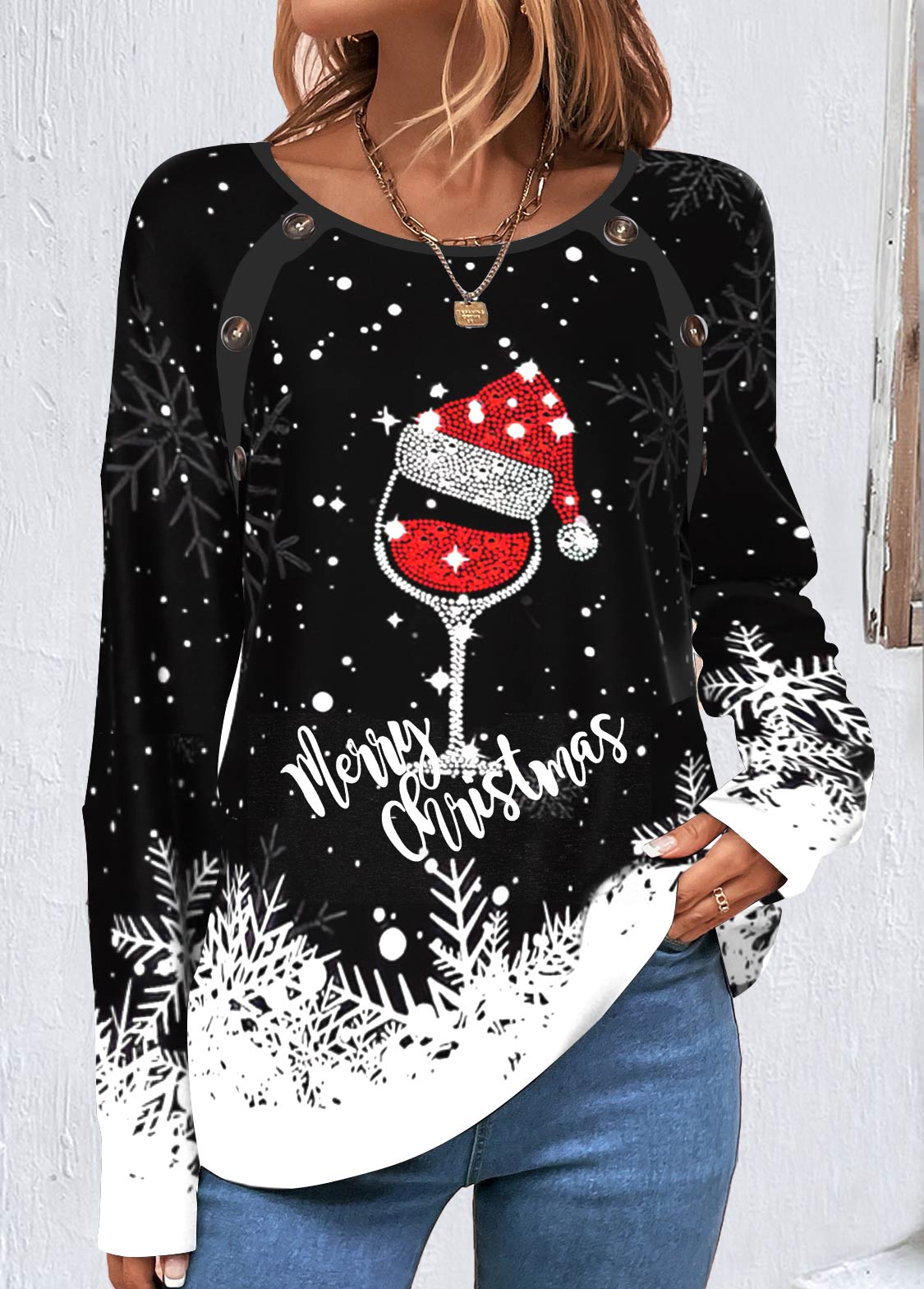 Schwarzes Festliches Sweatshirt Mit Weihnachtsmuster Für Frauen