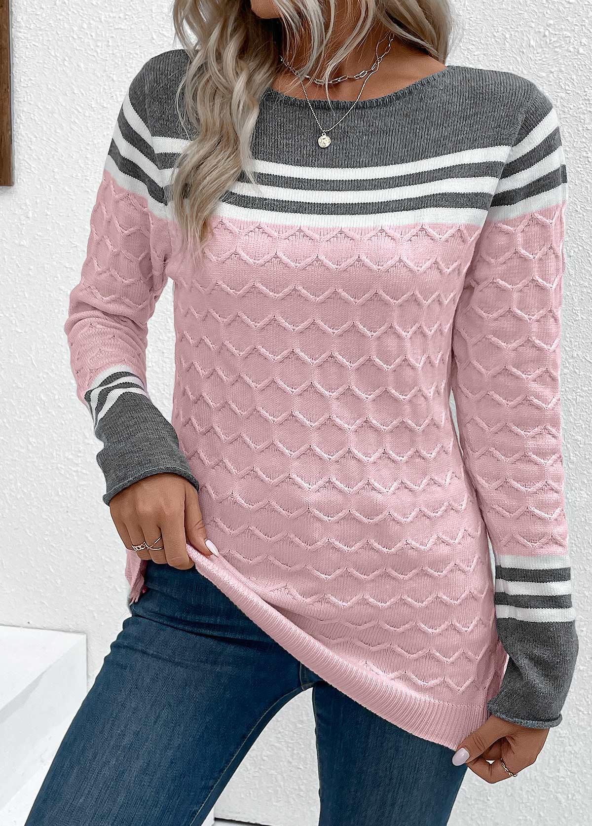 Patchwork-Pullover In Pink Mit Rundhals Und Langarm Für Frauen