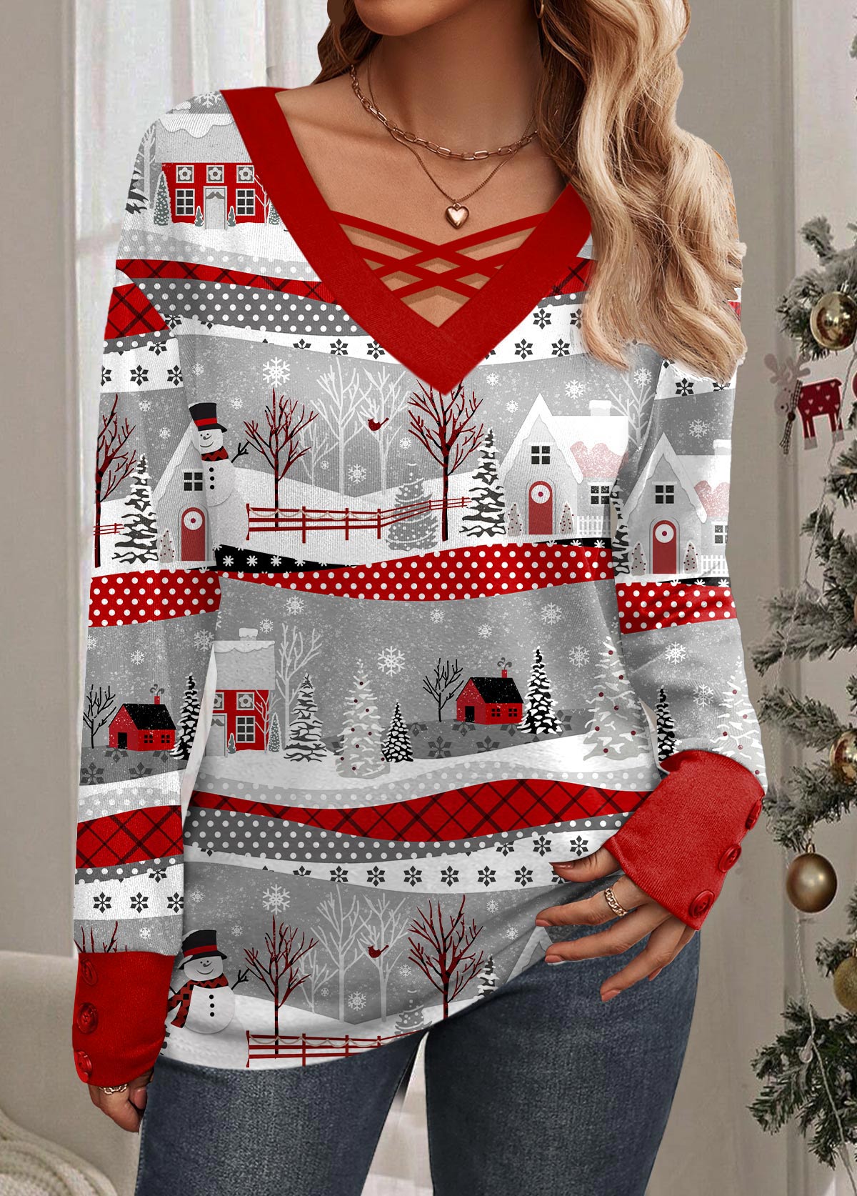 Festliches Patchwork V-Ausschnitt Weihnachts-Sweatshirt Für Frauen