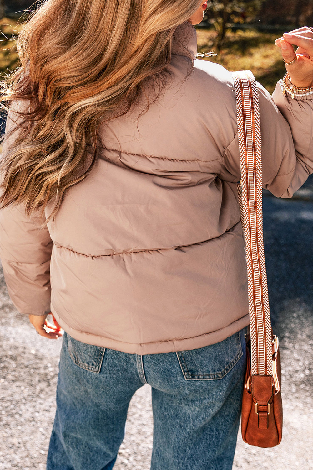 Elegante apricot-pinke Steppjacke mit Reißverschluss Für Frauen