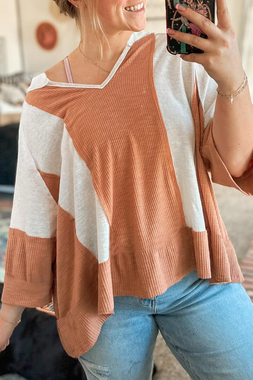 Oversize-Top Mit Textur Und 3/4-Ärmeln Für Frauen