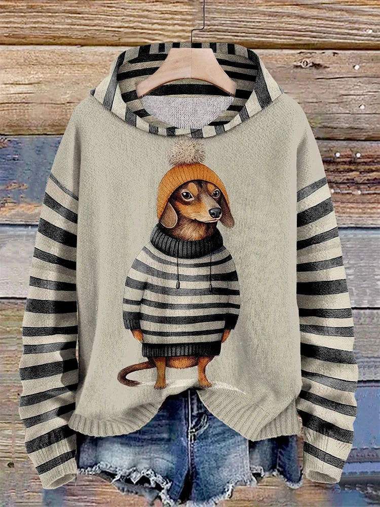 Stuttgart | Sleek Damen-Kapuzenpullover mit Dackel-Hund-in-Kleider-Print