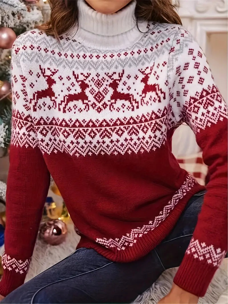 Festlicher Weihnachts-Strickpullover Mit Rollkragen Für Frauen