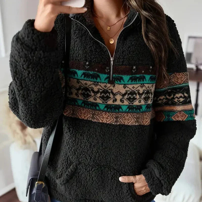 Schicker Schwarzer Pullover Mit Aztekenmuster Für Herbststil Für Frauen