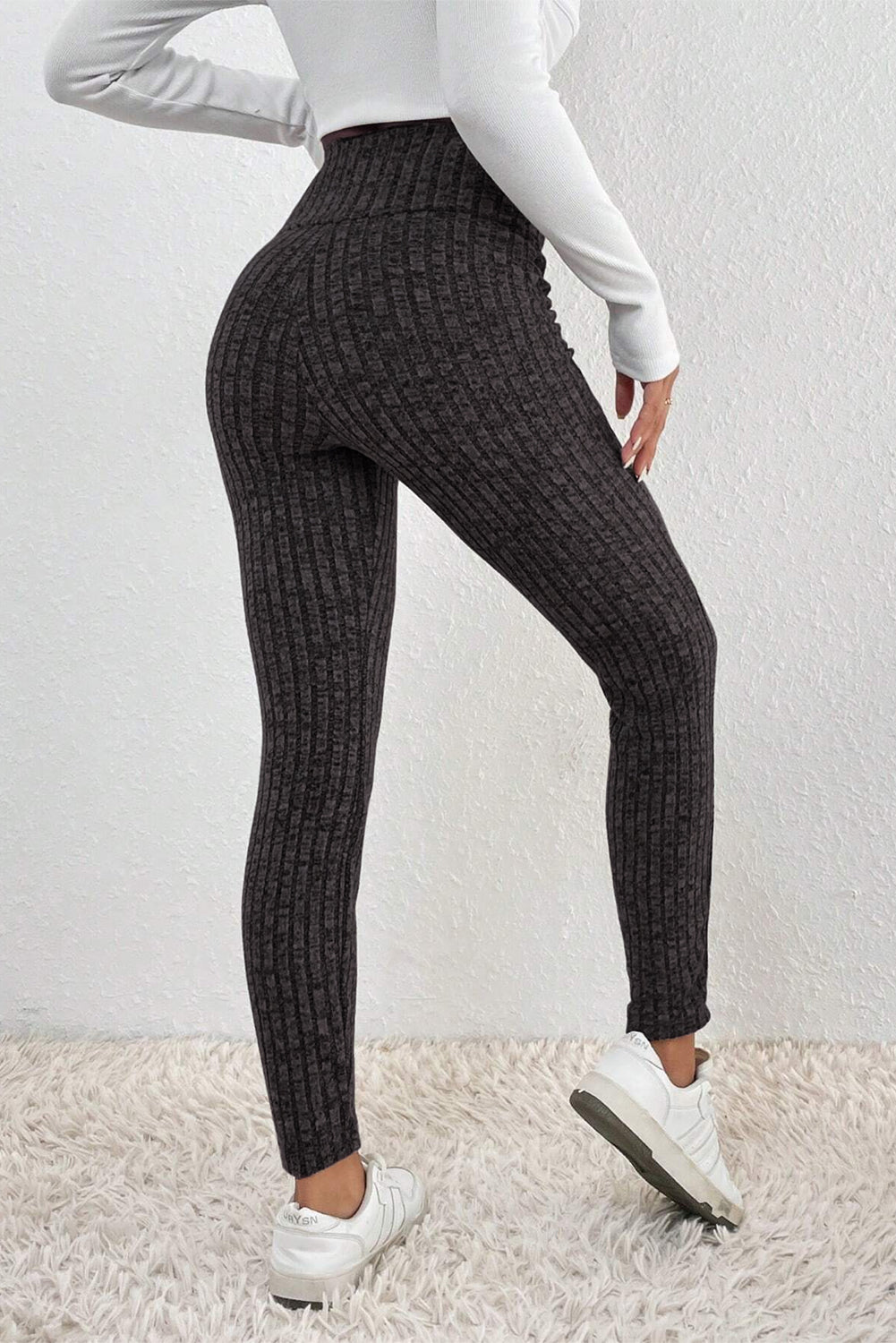 Dunkelgraue Strickleggings Mit Breitem Bund Für Frauen