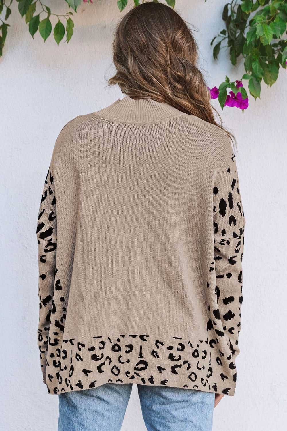 Khaki Leoparden-Print-Pullover Mit Seitenschlitzen Für Frauen