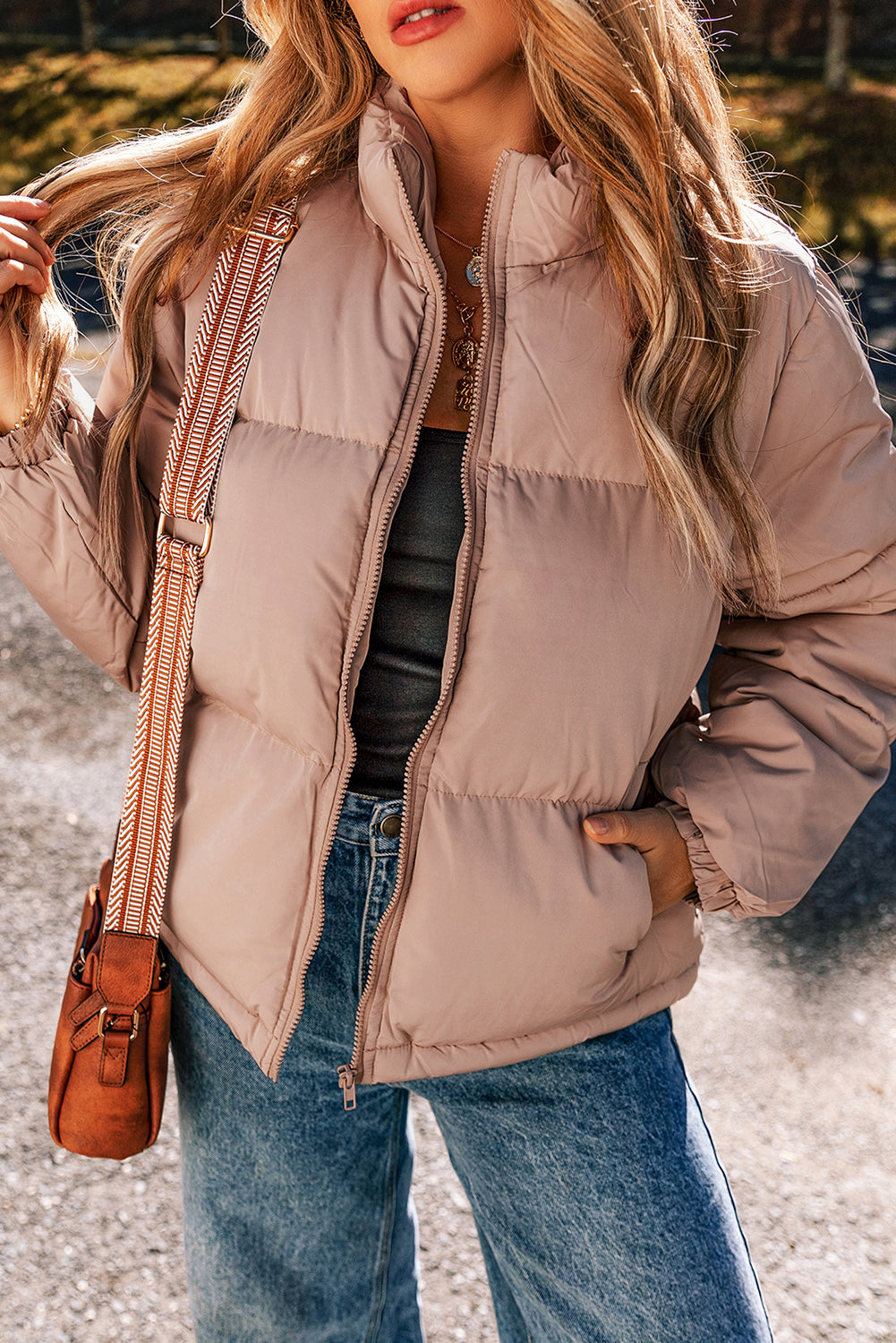 Elegante apricot-pinke Steppjacke mit Reißverschluss Für Frauen