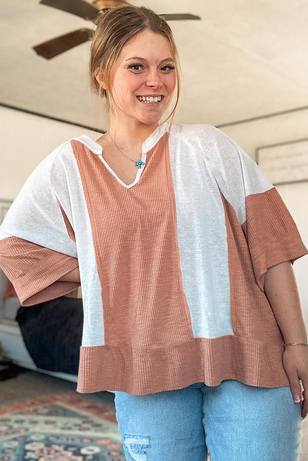 Oversize-Top Mit Textur Und 3/4-Ärmeln Für Frauen