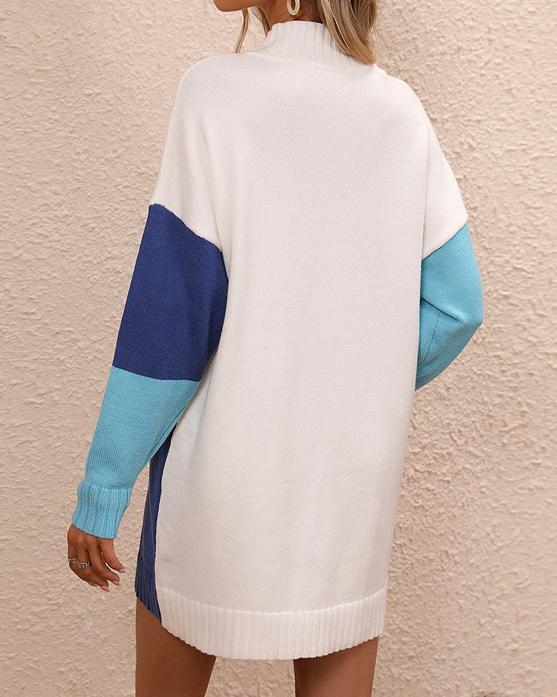 Trendiger Langer Color Block Winterpullover Für Frauen