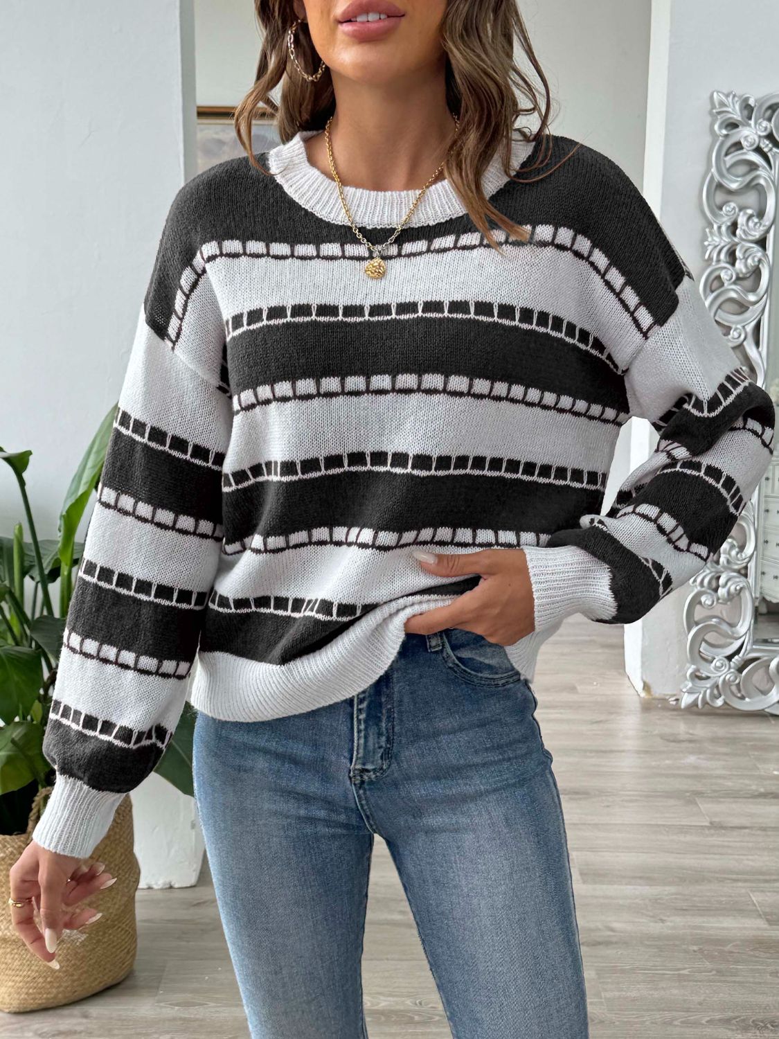 Schicker Rundhals-Pullover Mit Streifen Für Frauen