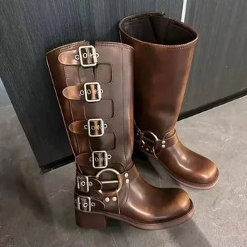 Riza™ - Retro Braune Stiefel mit Gürtelschnalle