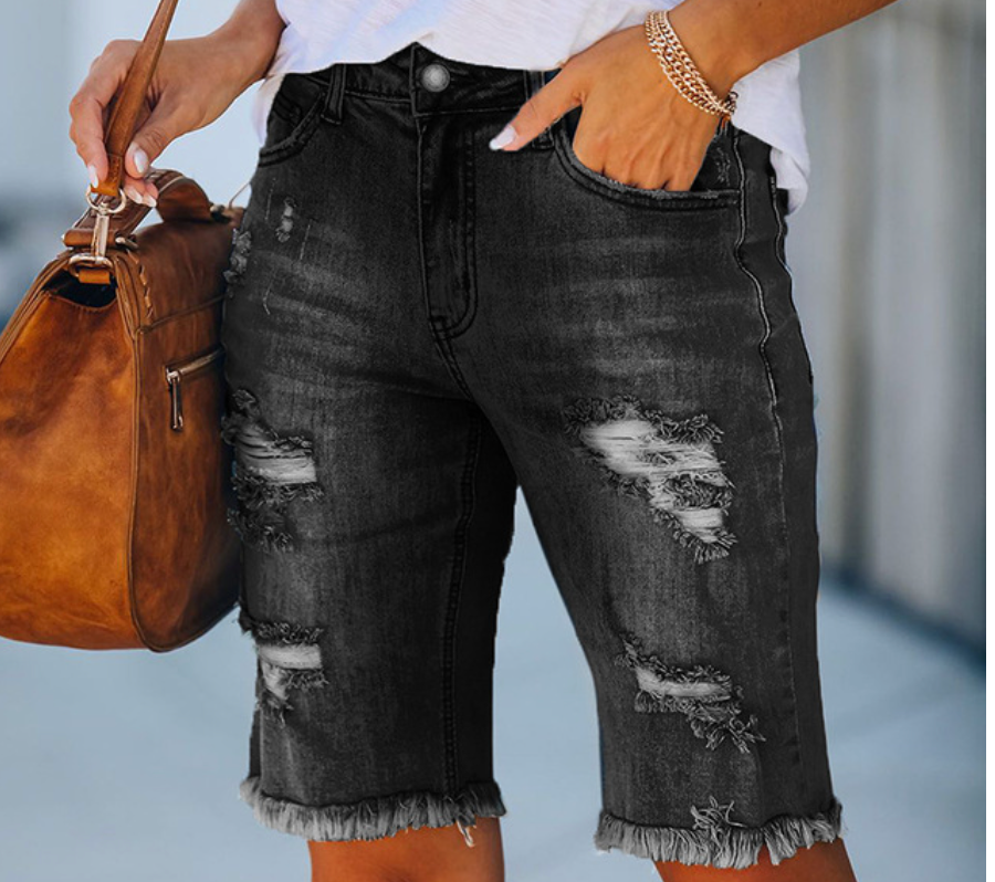 Schwarze Jeansshorts mit Quasten für Damen - Noa