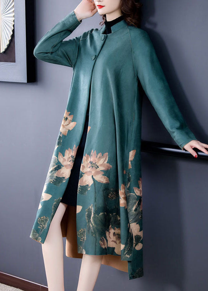 Vivian Grace | Print Fine Faux Suede Loose Trench Stand Collar Button Long Sleeve