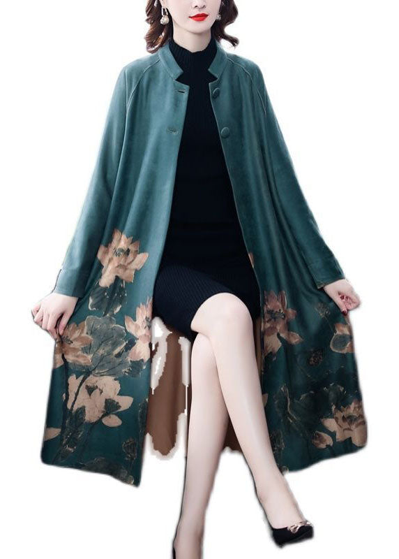 Vivian Grace | Print Fine Faux Suede Loose Trench Stand Collar Button Long Sleeve