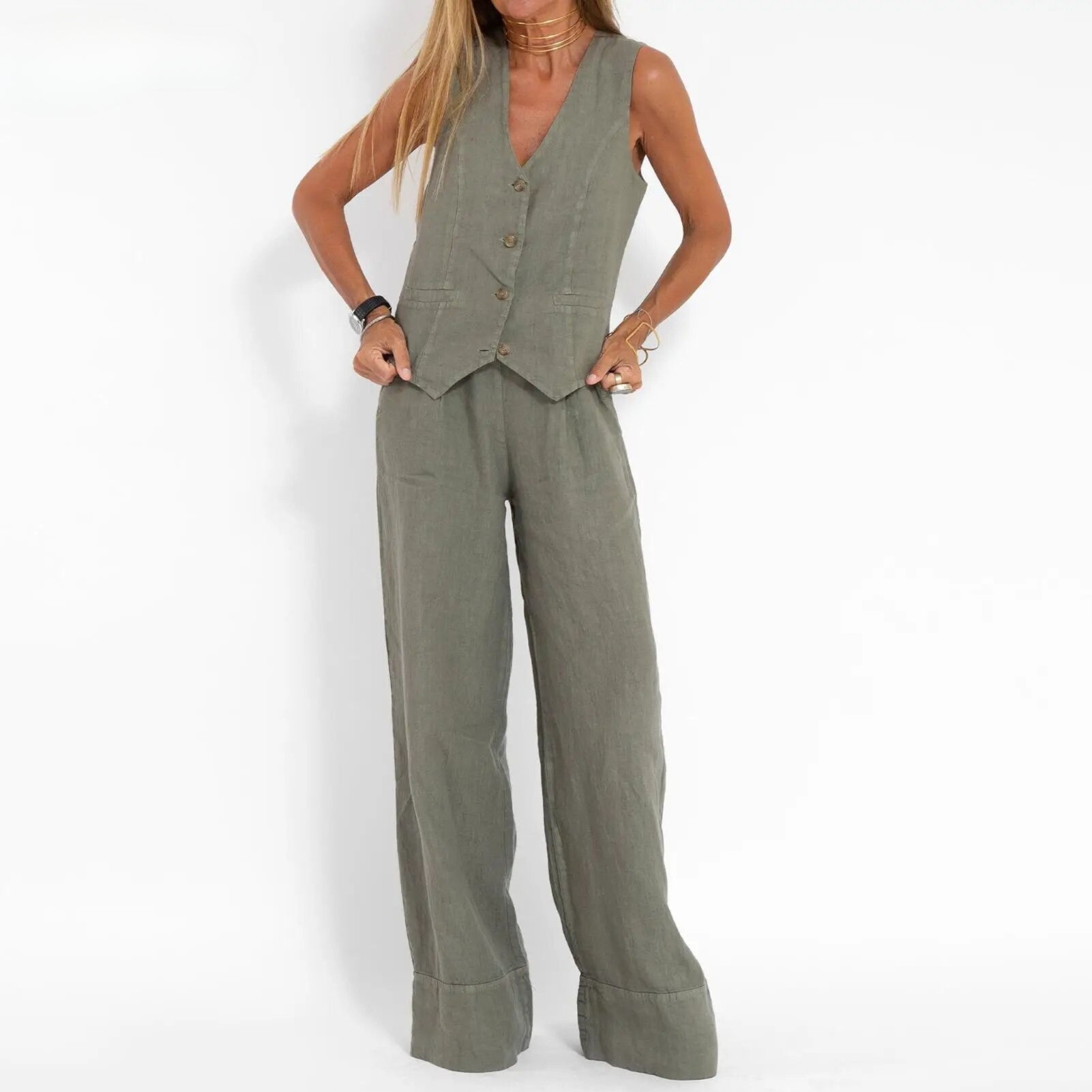 Aida - Olivgrünes Chic Duo Set Jumpsuit