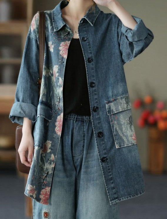 Seraphinda | Blumendruck Patchwork Bluse Tops Denim Jacke