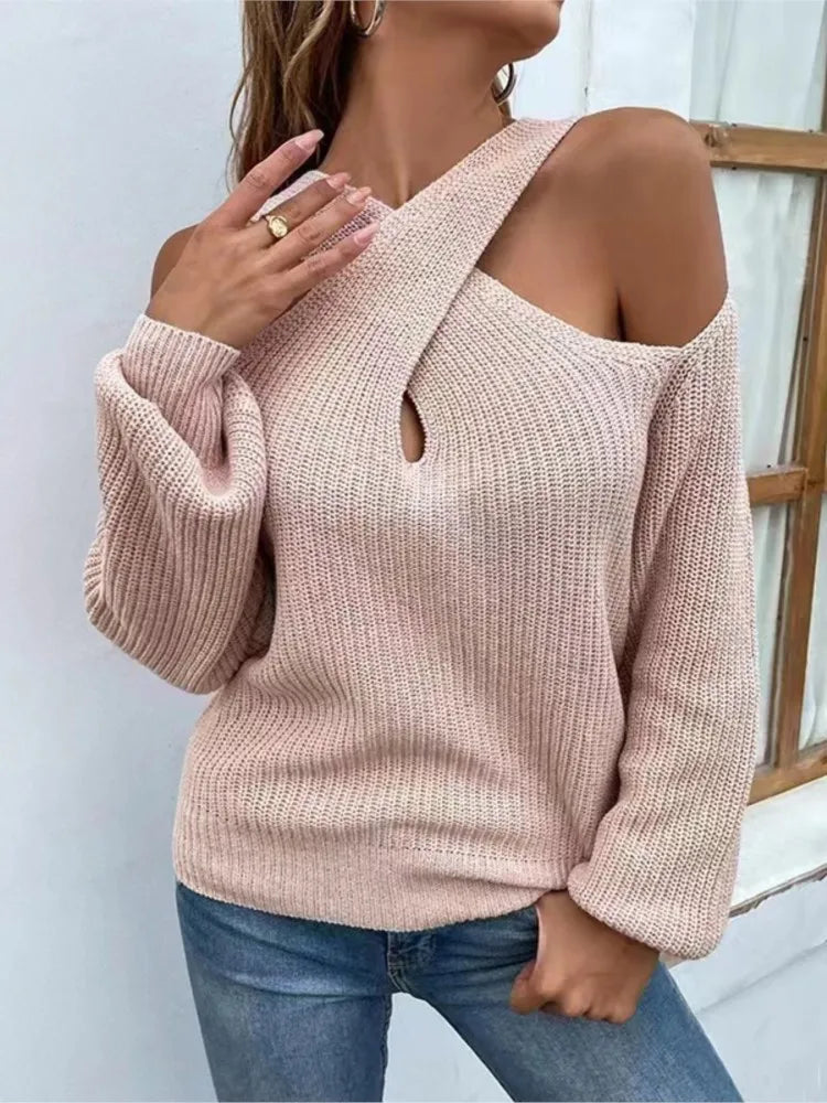 Schicker Schulterfreier Cross-Neck-Sweater Für Sommerstil Für Frauen