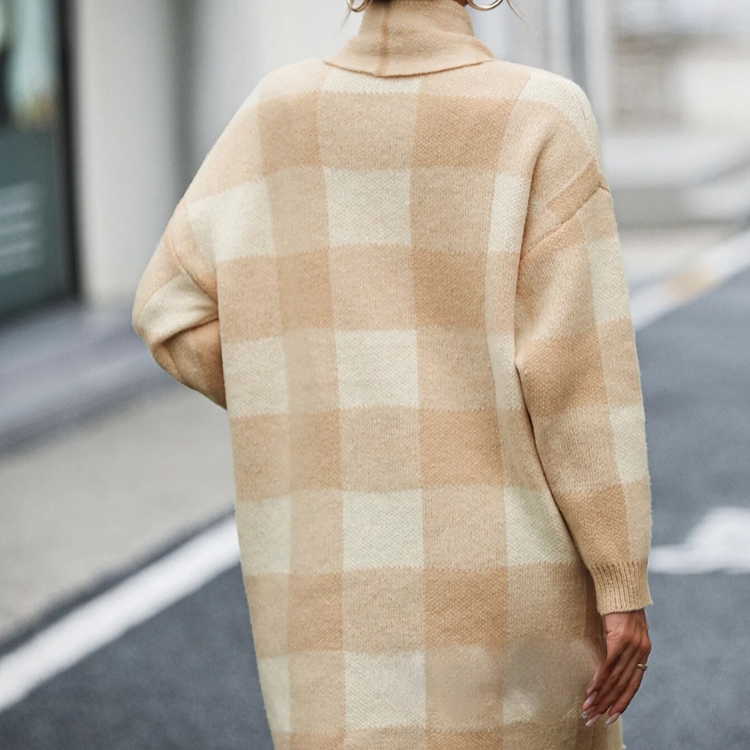 Stilvolle Schicke Lange Kariert Strickjacke Für Herbstwärme Für Frauen