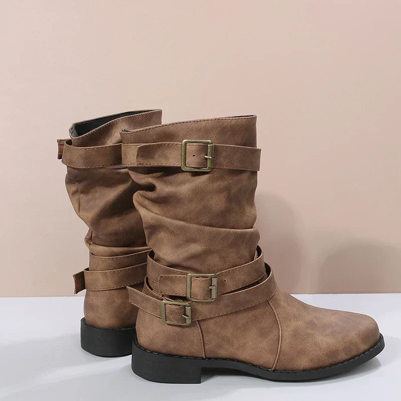 Ashley™ - Damen Kurze Cowboy Stiefel mit Gürtelschnalle