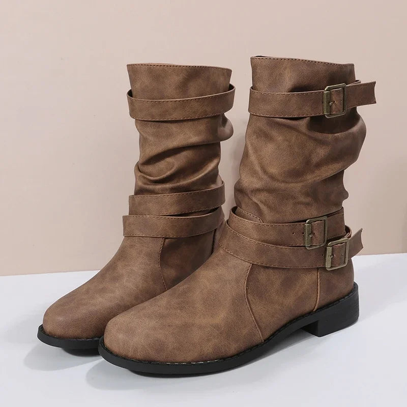 Ashley™ - Damen Kurze Cowboy Stiefel mit Gürtelschnalle