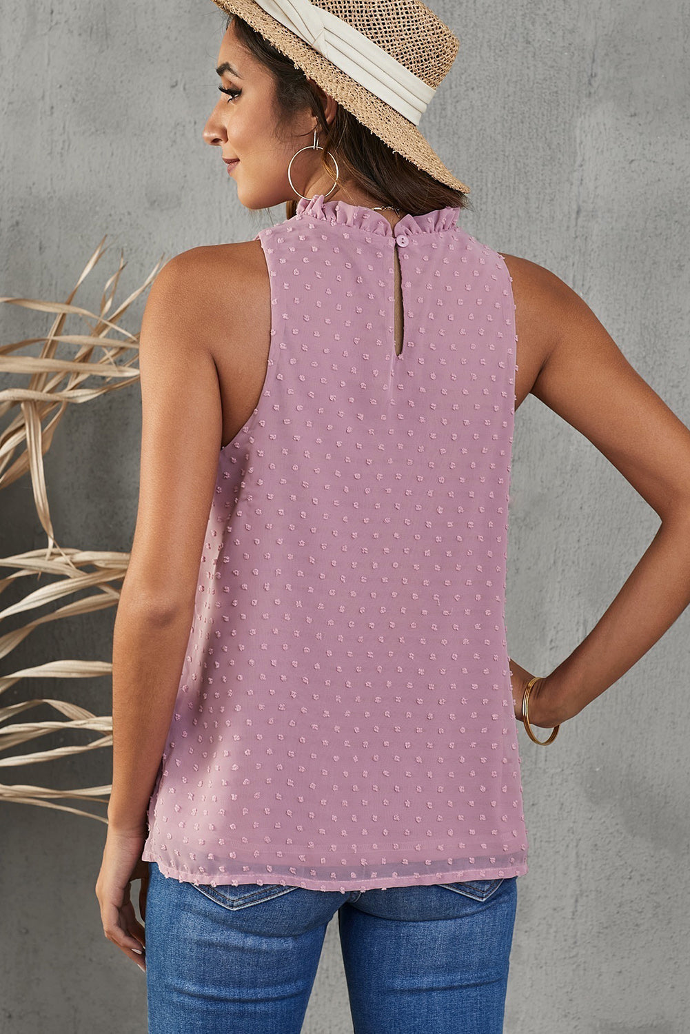 Rosa Swiss Dot Rüschen-Tanktop mit verspielter Eleganz Für Frauen