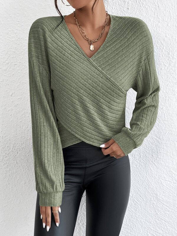 Eleganter V-Ausschnitt-Crossover-Pullover Für Mühelosen Stil Für Frauen