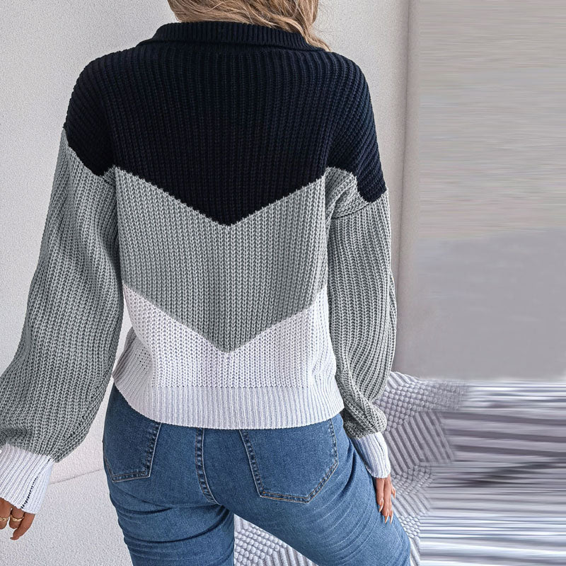 Stylischer Color-Block-V-Ausschnitt-Pullover Für Frauen