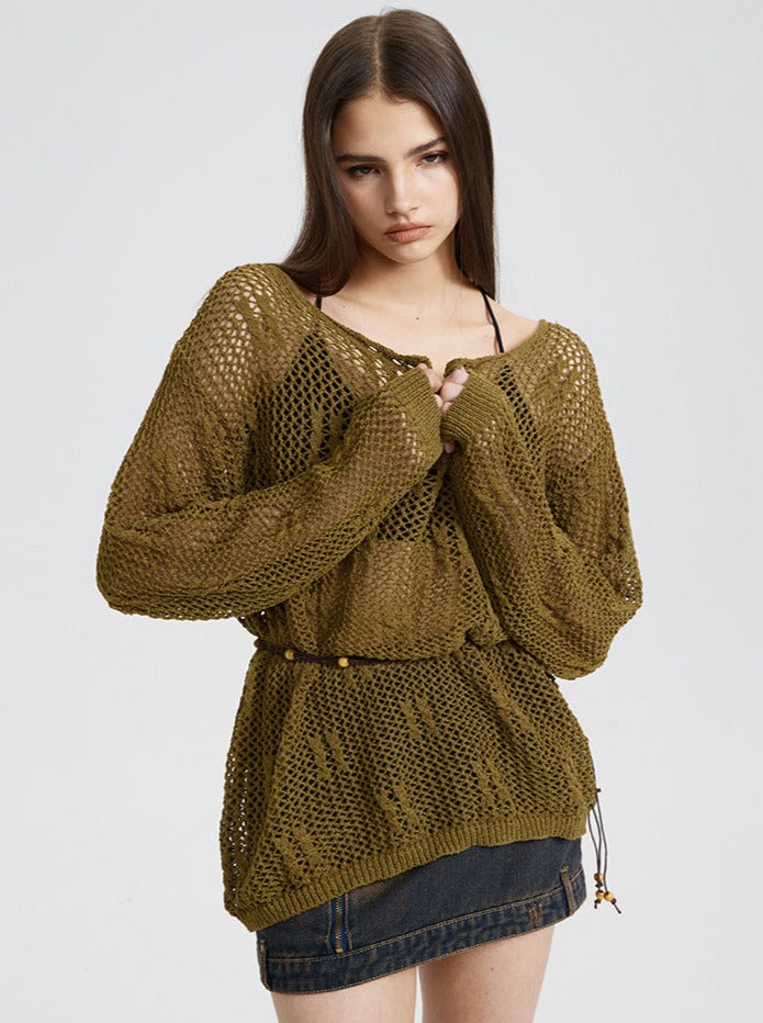 Elegantes langärmliger Strickpullover im Bohemian-Stil mit Reverskragen und Kordelgürtel