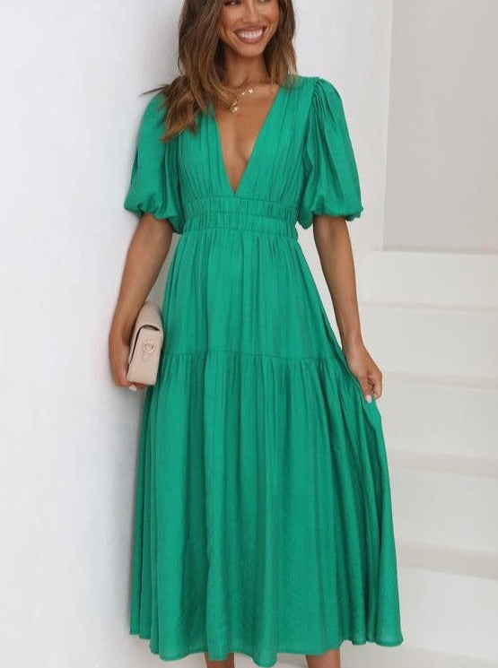 Solid Color Fluff Sleeve V-Neck Pleated Dress